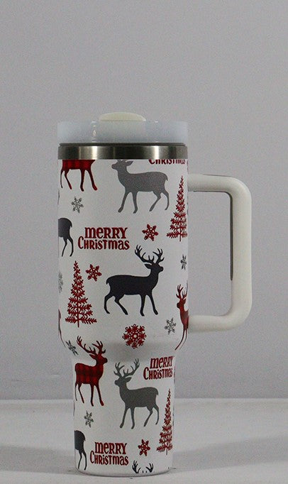 Christmas pattern mug with festive reindeer design and green handle, perfect for holiday beverages.