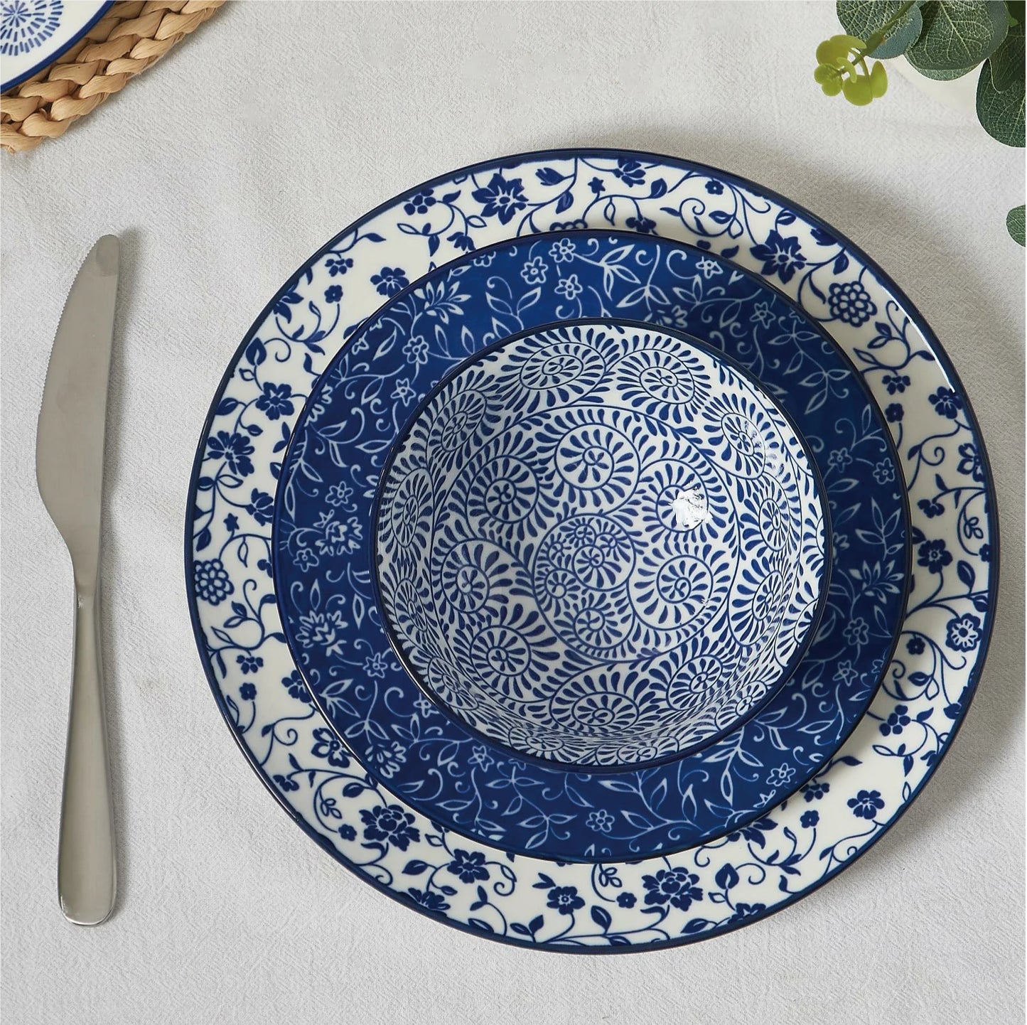 12pcs, Plates and Bowls, Dish Sets for 4 - Scratch Resistant, Dishwasher & Microwave Safe, Vintage Blue