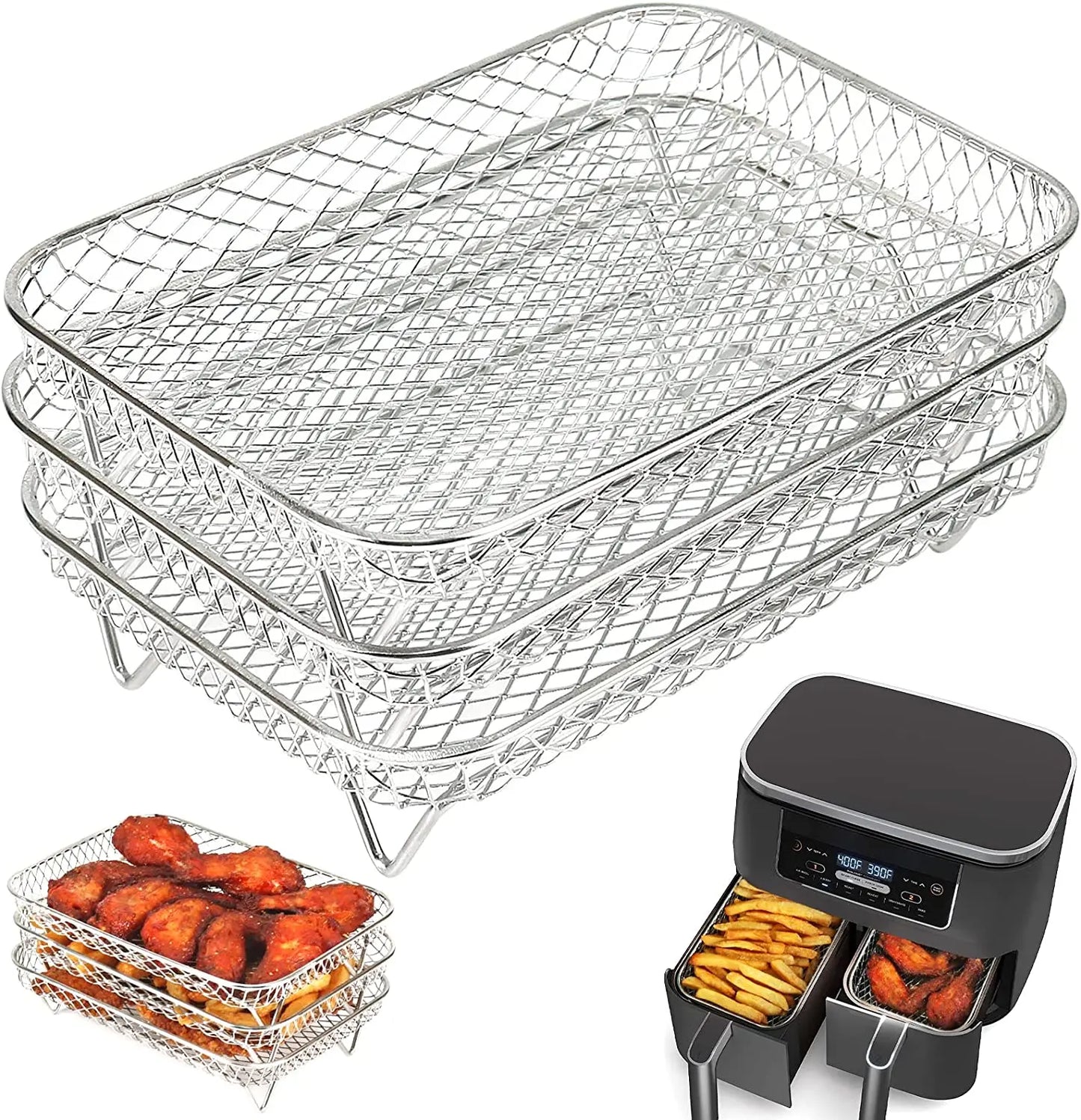 Stainless Steel Grill Basket Non-stick Mesh Basket Set Air Fryer Tray Wire Rack Roasting Basket