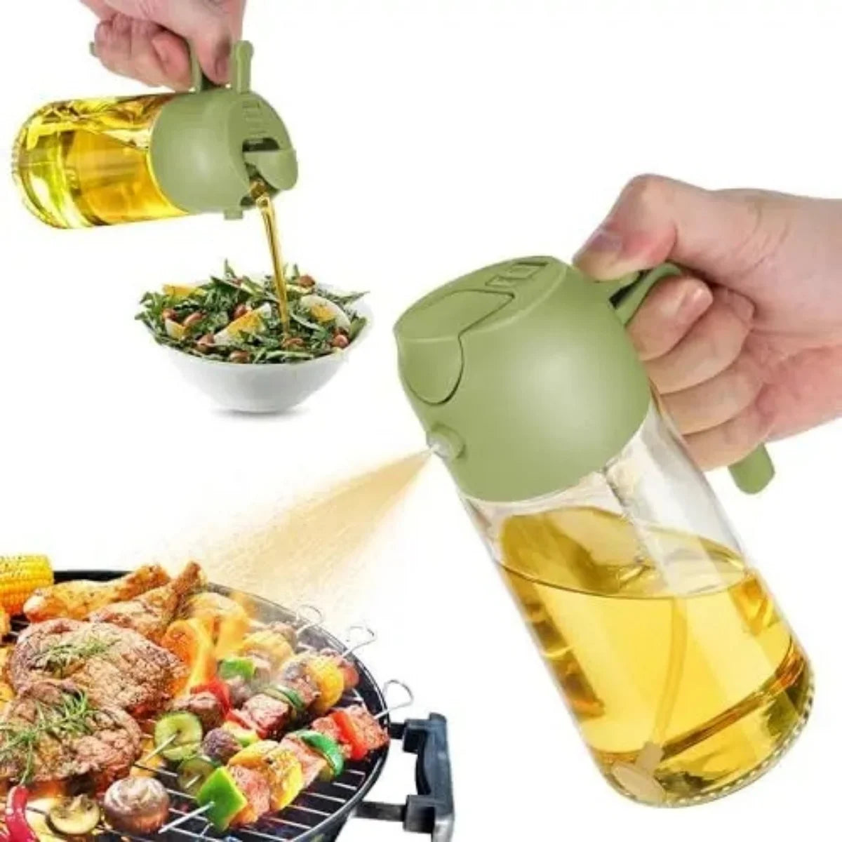 2-in-1 Oil Dispenser and Sprayer, Glass Oil Bottle with Pour and Spray Function, Green and Black