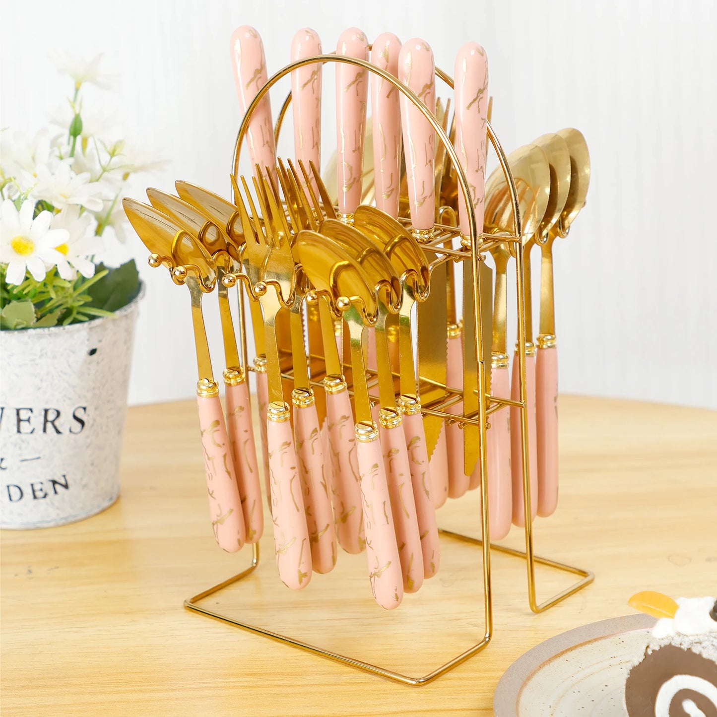 24Pcs Tableware Set with Holder Stainless Steel Cutlery Set Service for 6 Utensils Set Mirror Polished Forks Knives Spoon Set
