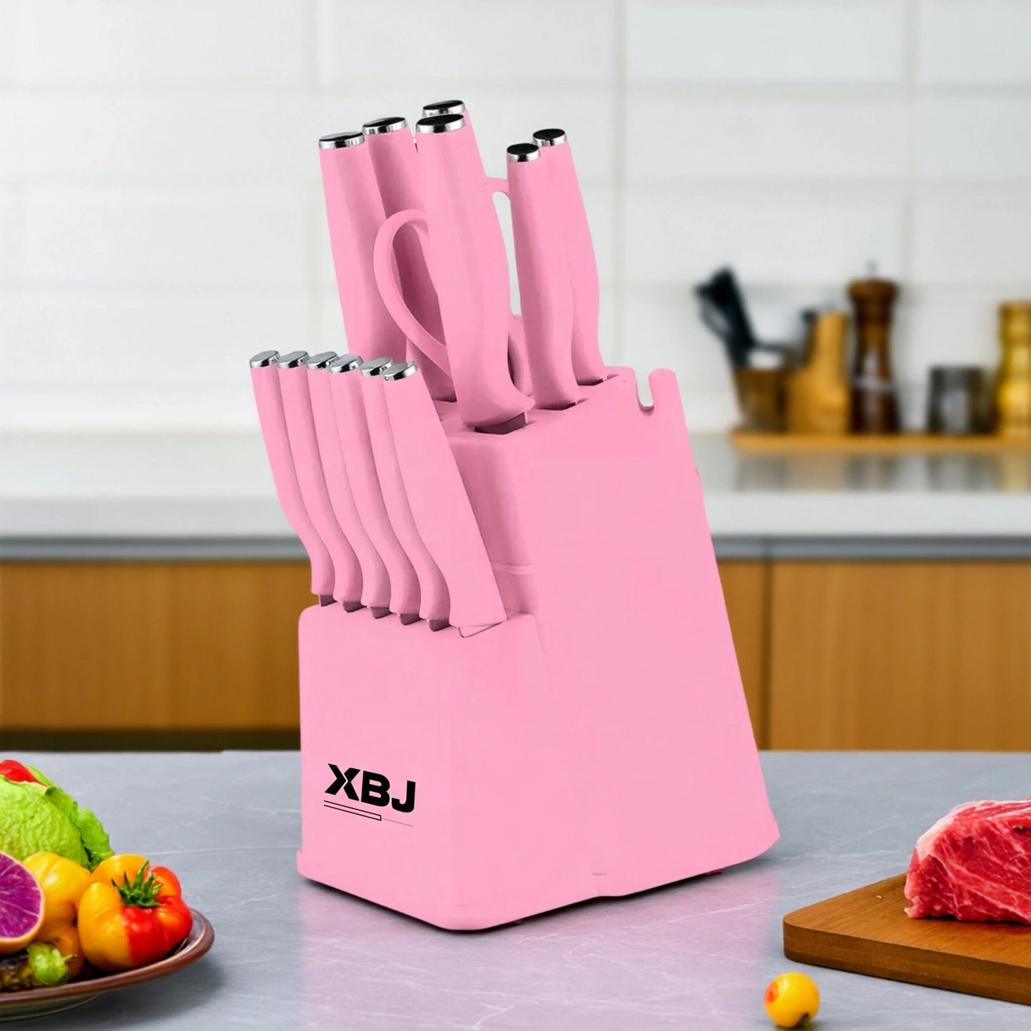 15 Pieces Kitchen Knife Set Stainless Steel Knife Slip Handle with Scissors Sharpener Cutting All-Round