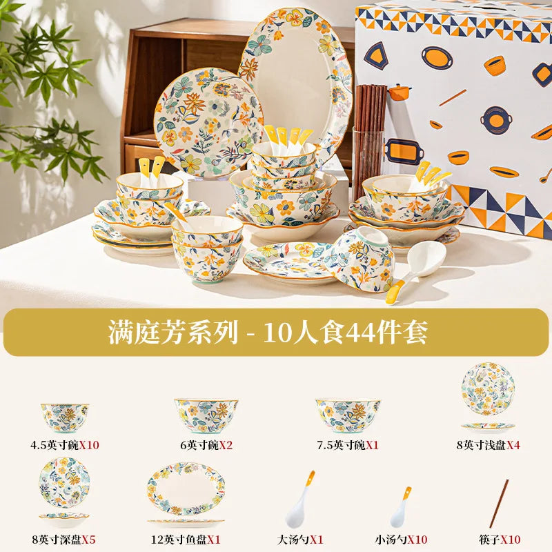 LingAo-Japanese Country Style Ceramic Tableware Set of Plates and Bowls with Underglaze Colors