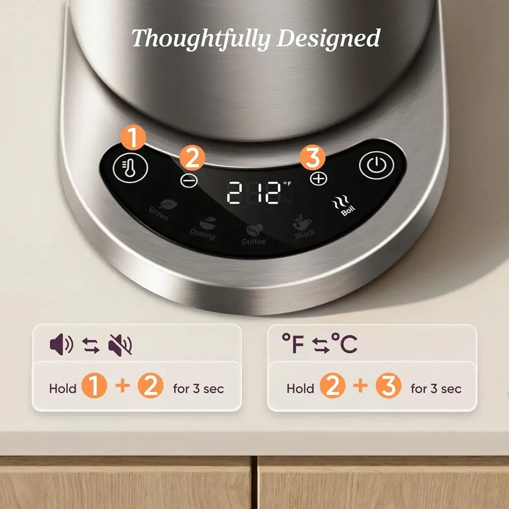 1.7L Stainless Steel Electric Kettle with 5 Temperature Presets, Fast Boil, 2 Lid Openings, and 60-Minute Keep Warm Feature