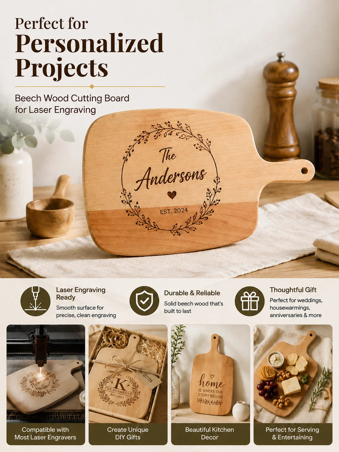 1PCS Beech Wood Cutting Board Blank for Laser Engraving, DIY Personalized Serving Board with Handle, Hardwood Craft Material