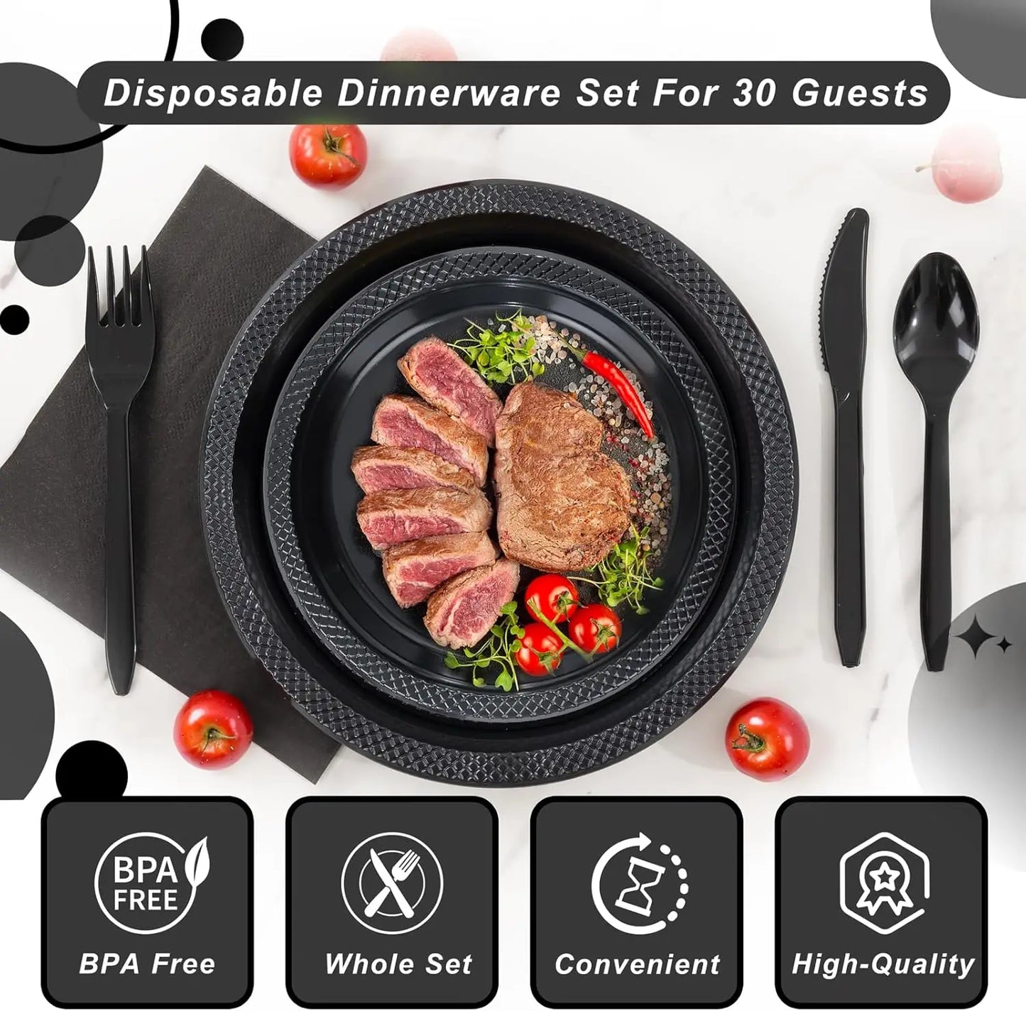 210 PCS Black Plastic Plates for 30 Guests - Disposable Dinnerware Set Including Dinner Plates, Dessert Plates, 12oz Cups, Cu
