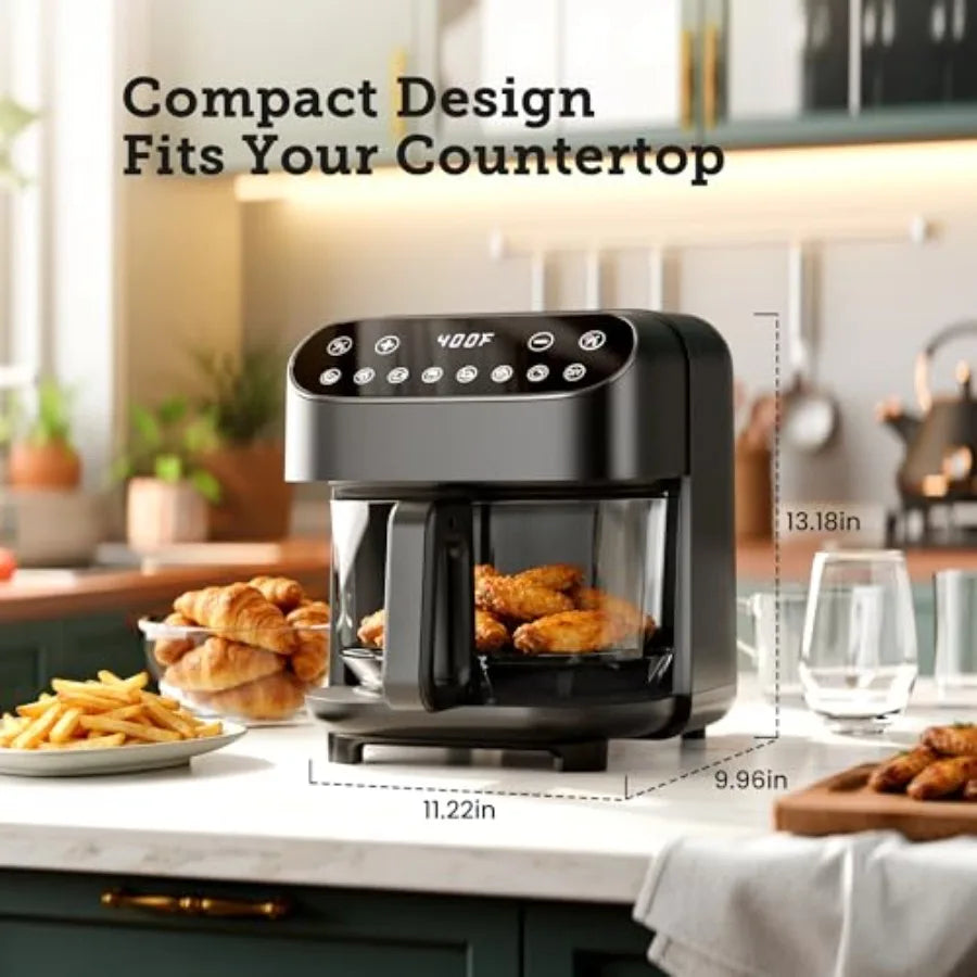 5QT Glass Air Fryer for home kitchen use, BPA-Free non-toxic material, black color, digital touch control with 1500W power and