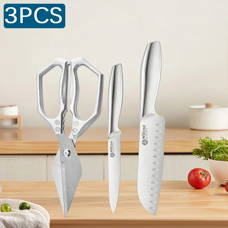 WXCOO Professional Scissor Set Stainless Steel Kitchen Knives BBQ Meat Cutting Japanese Santoku Knife Kitchen Supplies