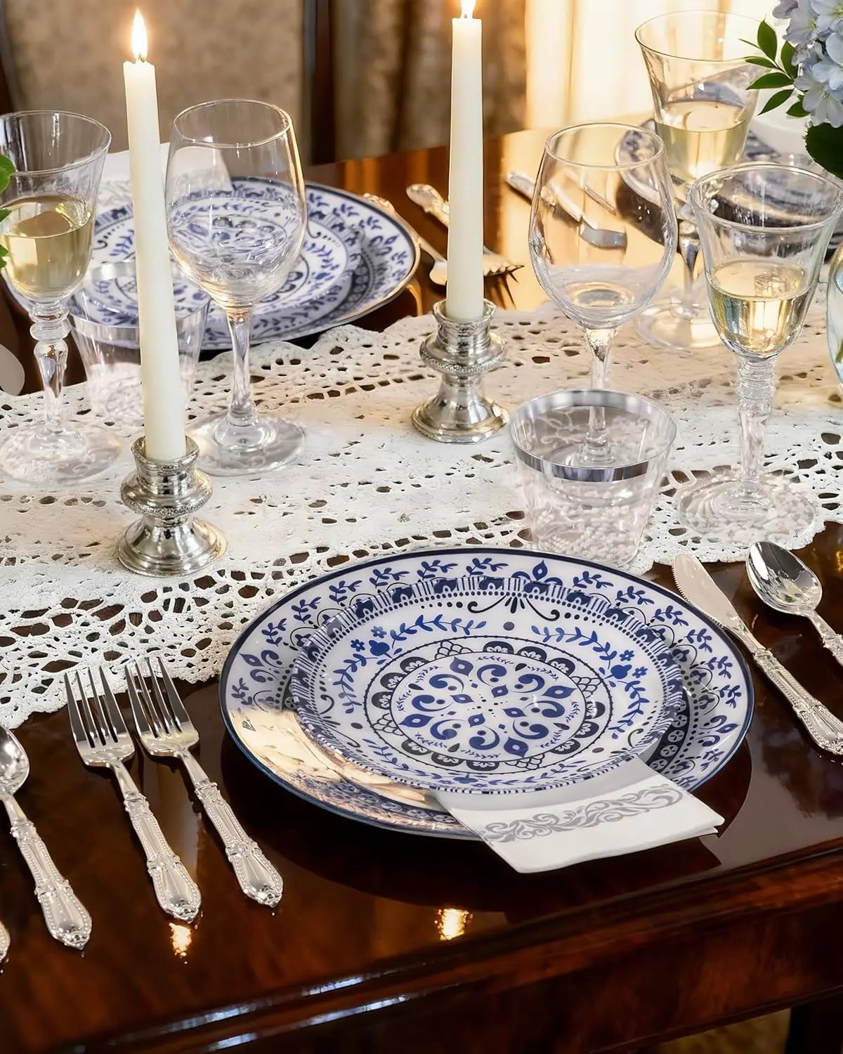 175PCS Blue Plastic Plates - Floral Disposable Dinnerware Set for 25 Guests, Include 50 Dinner & Dessert Plates, 75 Silver Cu