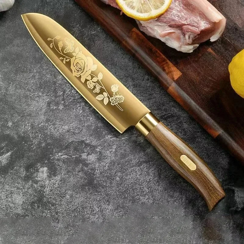 Gold Rose Pattern 4-Piece Kitchen Knife Set, Luxury Stainless Steel Chef Knives for Cooking, Sharp Professional Kitchen Tools