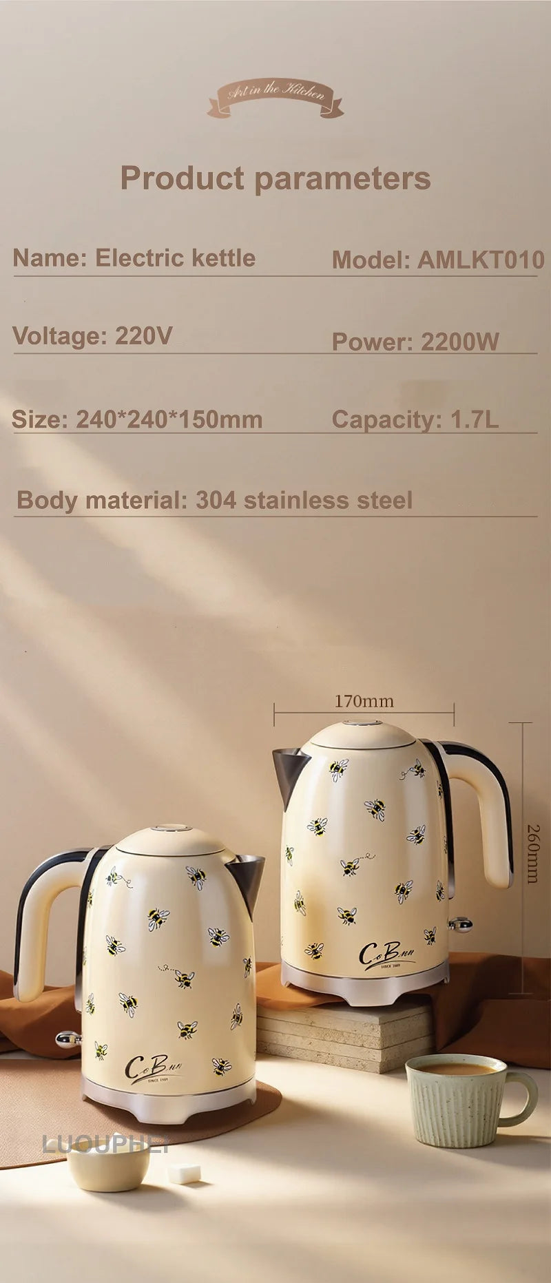 2200W Retro Print Electric Kettle Home 304 Stainless Steel Quick Boiling Kettle Auto Power Off Teapot Kitchen Tools 1.7L
