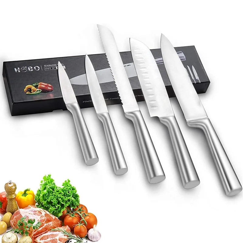 5 Piece Stainless Steel Kitchen Knife Set, Ergonomic Hollow Handle Design, Household Chef Knife for Chopping Carving Slicing