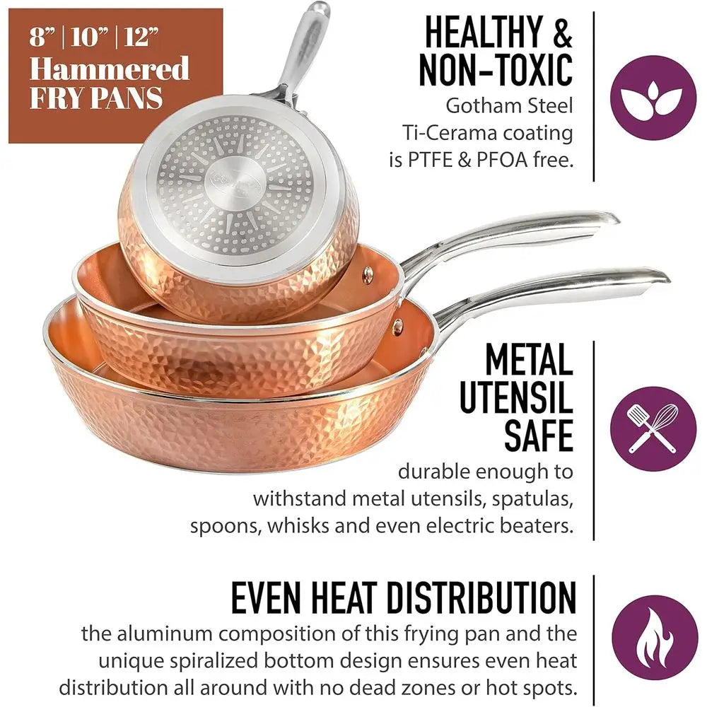 3-Piece Nonstick Copper Pan Set: 8, 10, 12 Skillets, Omelet Pan, Dishwasher Safe, Cool Touch Handles
