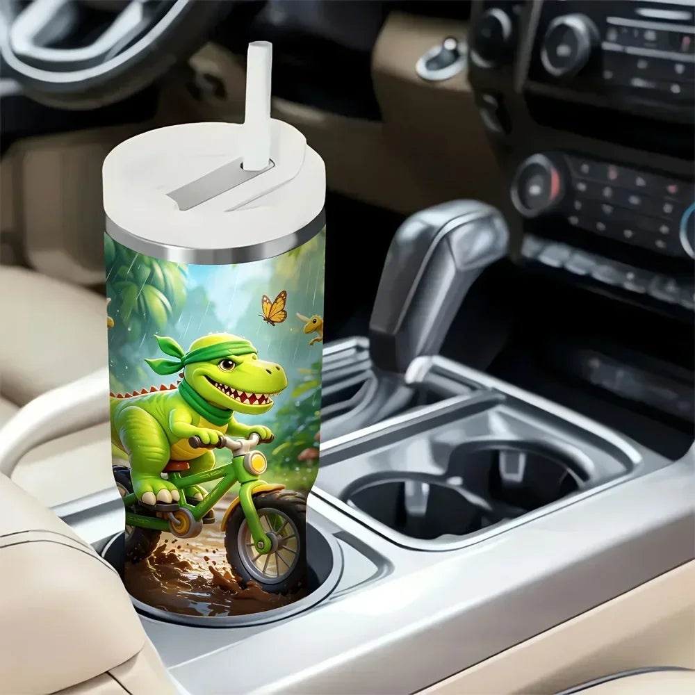 40oz Tumbler with Handle, Cute Cartoon Dinosaur Jungle Riding Print, Suitable for All Ages, Perfect for All Seasons, Great for Outdoor Activities And Fits Both Hot And Cold Drinks