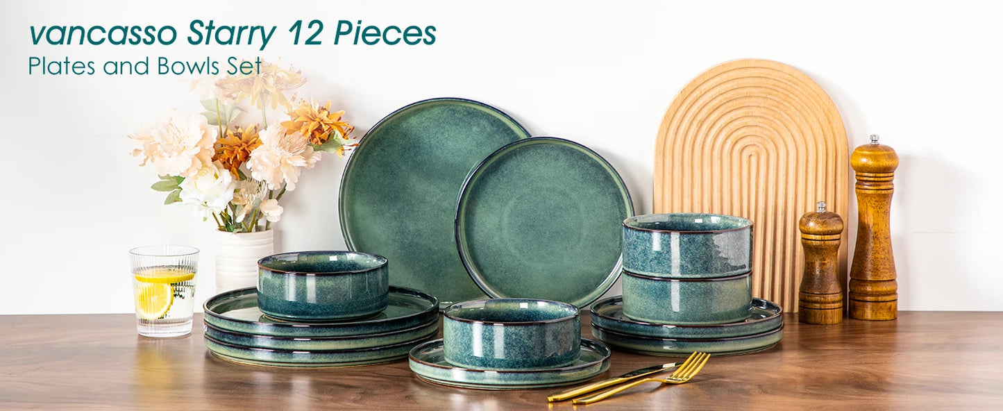 vancasso 12/24/36Piece Dinner set Black Green Reactive Glaze Vertical edge Dinnerware set with 4PCS Dinner Plate/ Dessert/Bowl