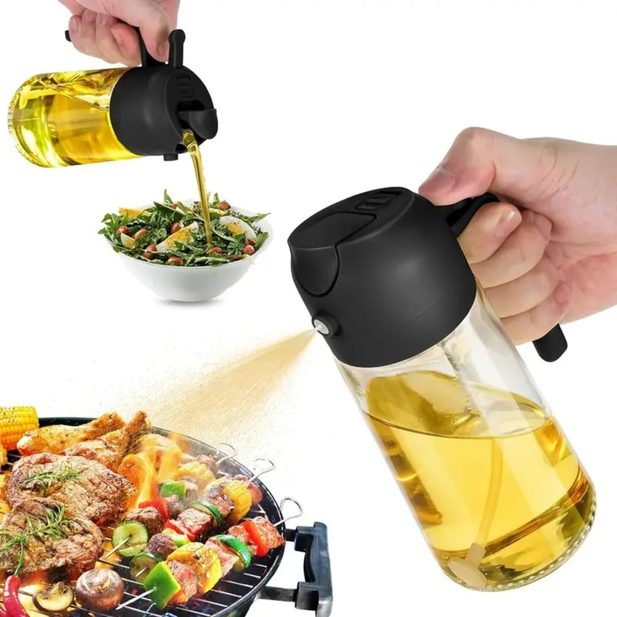 2-in-1 Glass Oil Sprayer & Dispenser, 470ml Dual-Use Olive Oil Bottle for Kitchen, BBQ, and Salad