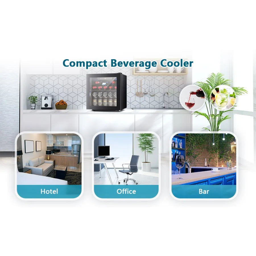 Beverage refrigerator for home dorm bar use, black glass-door mini fridge with adjustable digital temperature control, holds 50
