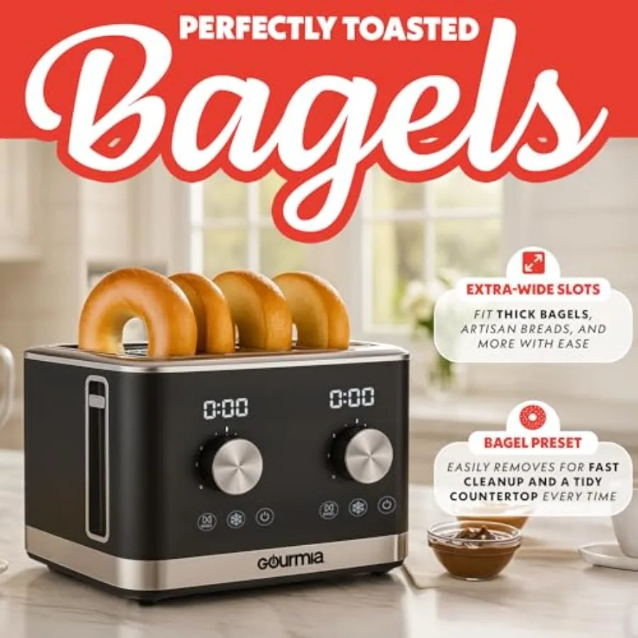 4-Slice Toaster with Dual Independent Controls for Bagel Defrost and Reheat 6 Browning Levels Extra Wide Slots Removable Crumb