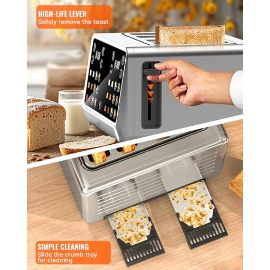 4-Slice Digital Smart Toaster with TouchScreen Dual Control Panel Single Slot Toasting Timer Reheat Defrost for Bagels Bread Wa