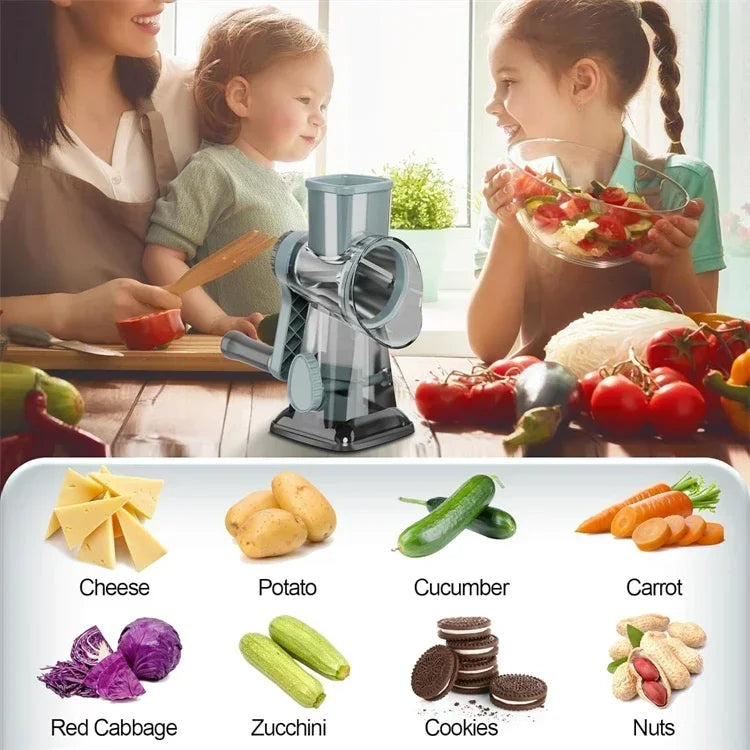Vegetable Cutter & Slicer Manual Kitchen Cheese Chopper Machine With 3 Sharp Drums Multifunctional Garlic Potato Shredder