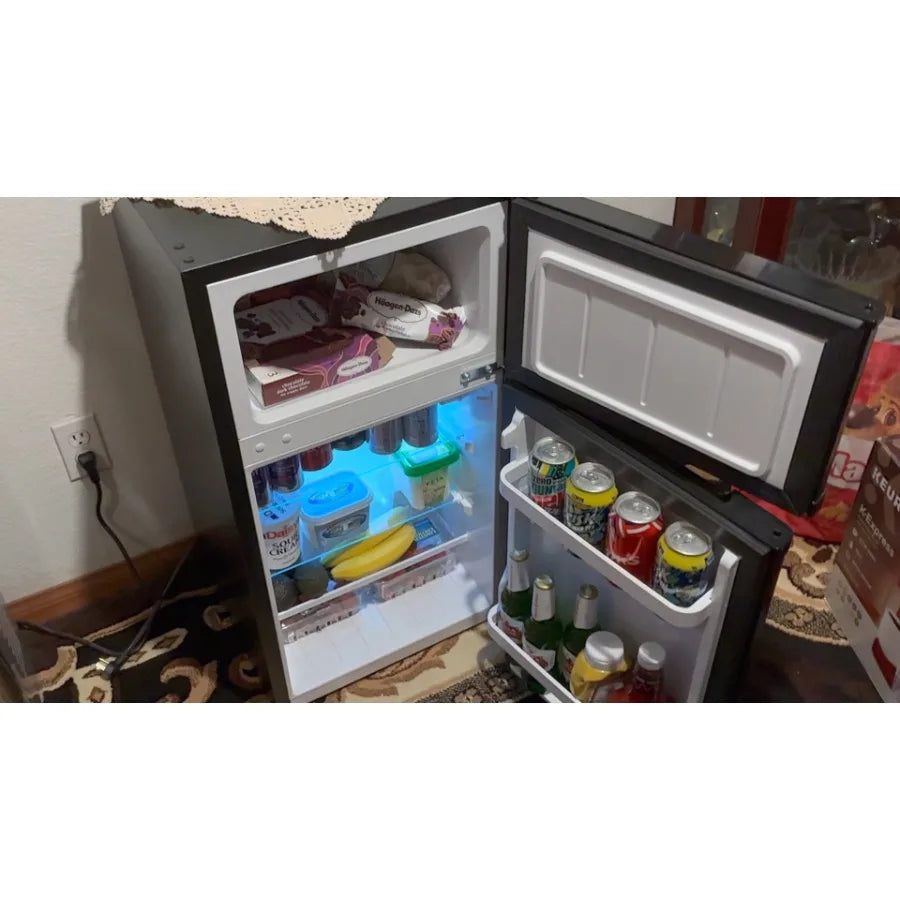 Dorm fridge with freezer for bedroom office kitchen dorm use, white plastic unit with reversible double doors and 2 removable s
