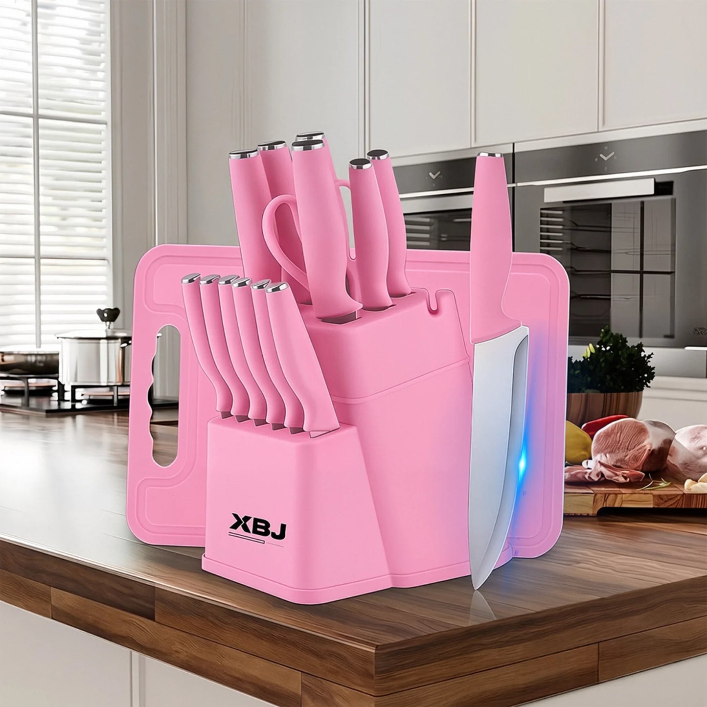 15 Pcs Stainless Steel Kitchen Knife Set with Block & Cutting Board, Ultra Sharp Chef Knives for Home Cooking