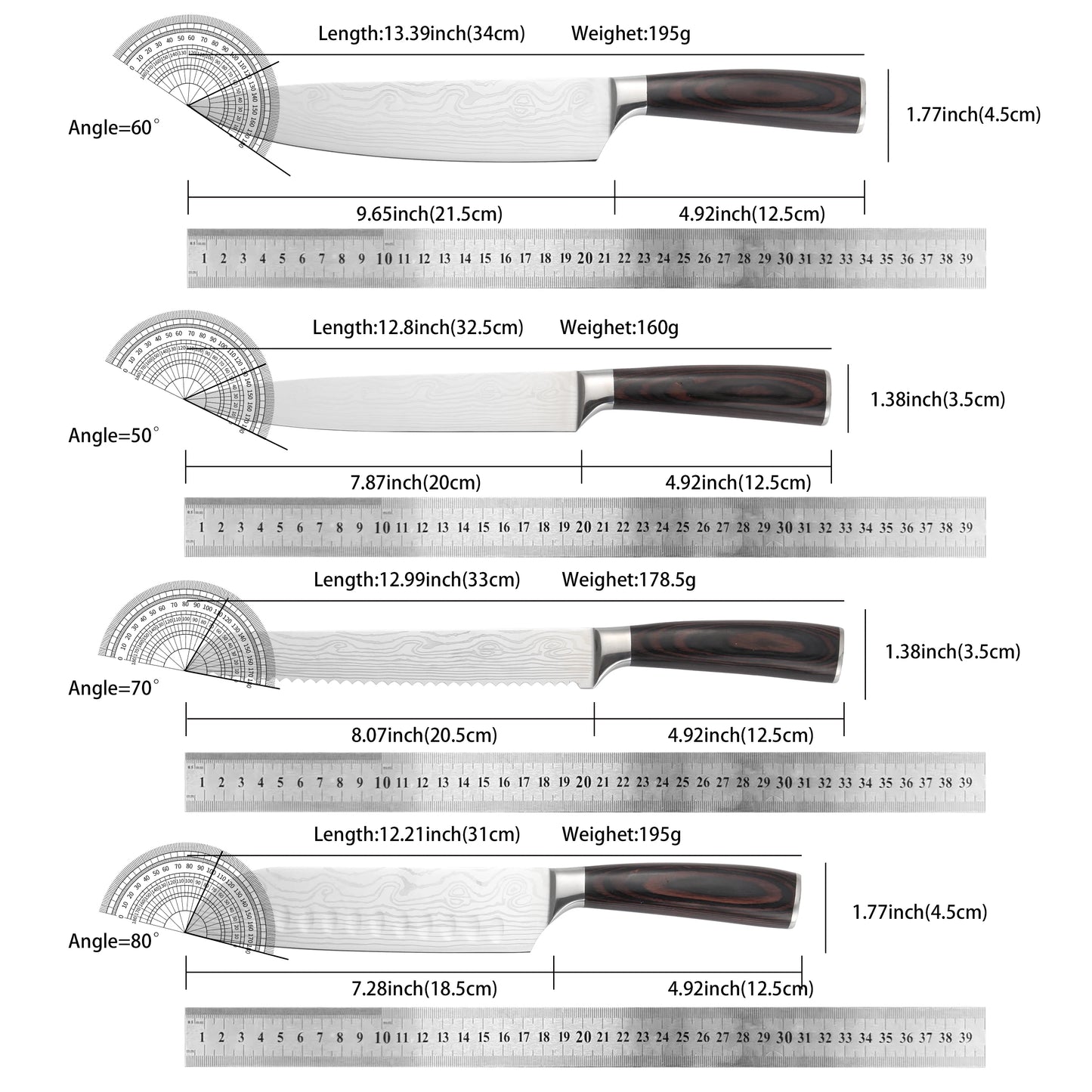Ultimate 12Pcs Professional Kitchen Knife Set, Damascus Laser Pattern High Carbon Stainless Steel Knives, Ergonomic Wood Grain H