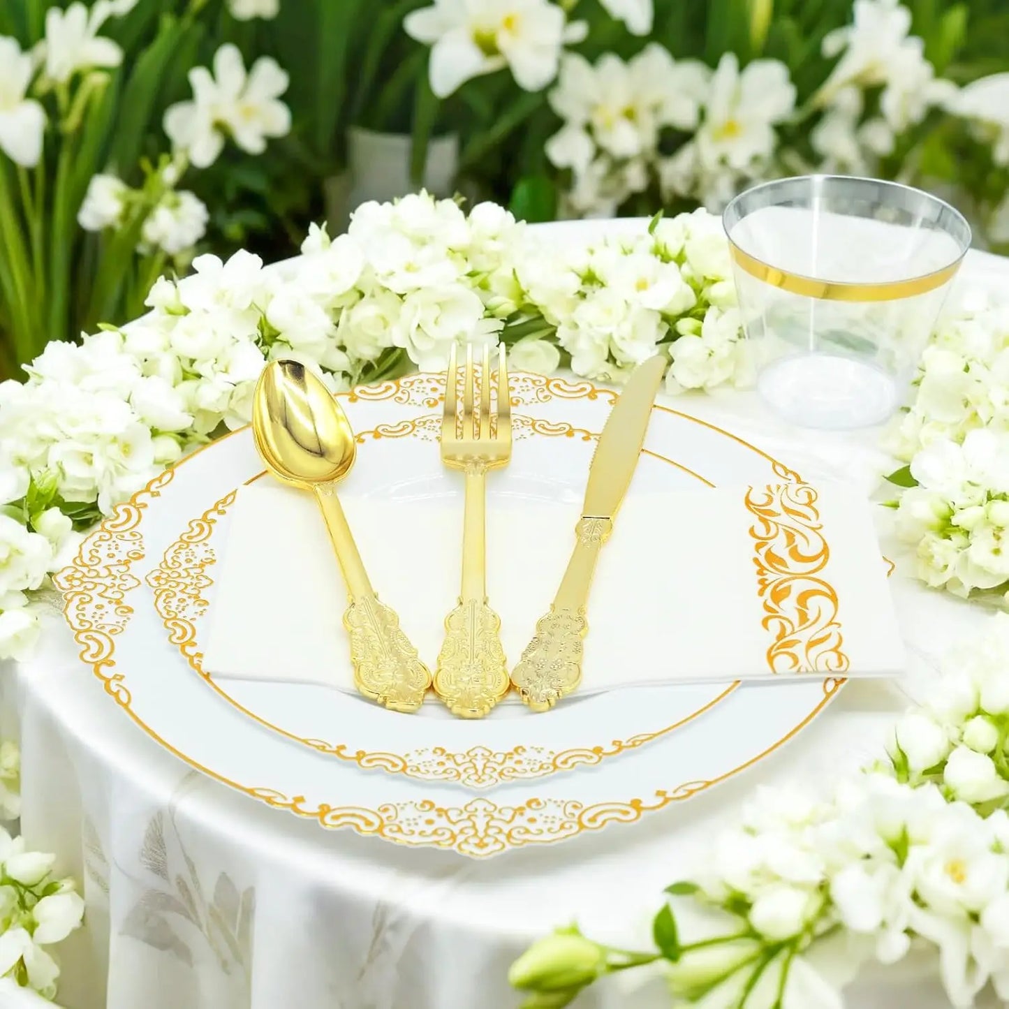 175PCS Gold Plastic Plates for Party Supplies Dinnerware Sets for 25 Guests, Vintage Disposable Plastic Party Plates Cups Spo