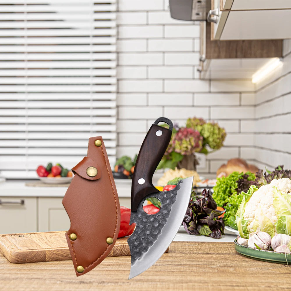 WXCOO Multifunctional Hand Forged Butcher Knife Kitchen Knife Durable Blade for BBQ Meat Cutting Boning Knife Wooden Handle