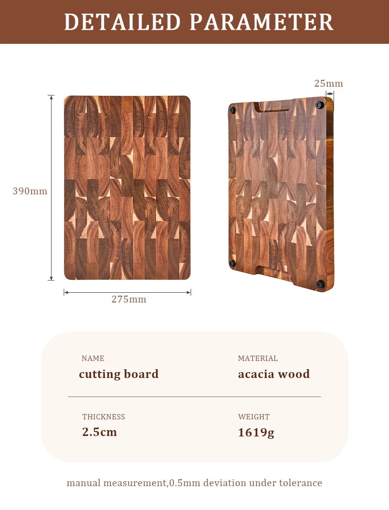 High Quality 15 inch Rectangular Cutting Board End Grain Acacia Wood Chopping Board with Side Handle