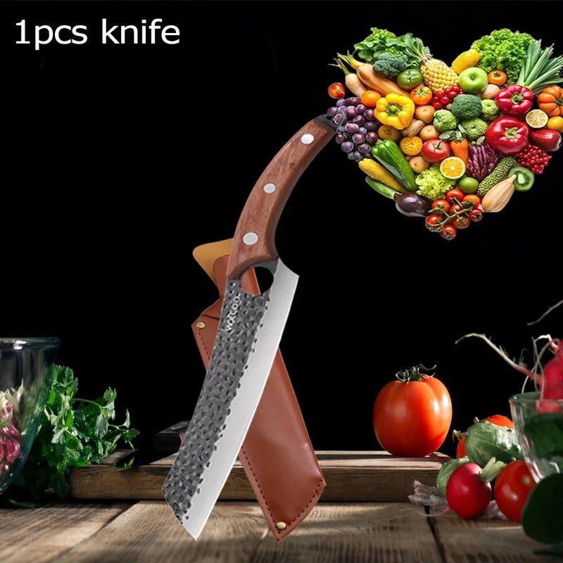 WXCOO 1~4pcs Kitchen Knife Set Stainless Steel Handmade Forged Meat Cleaver Boning Fruit Slicing Butcher Knife Cutting Board