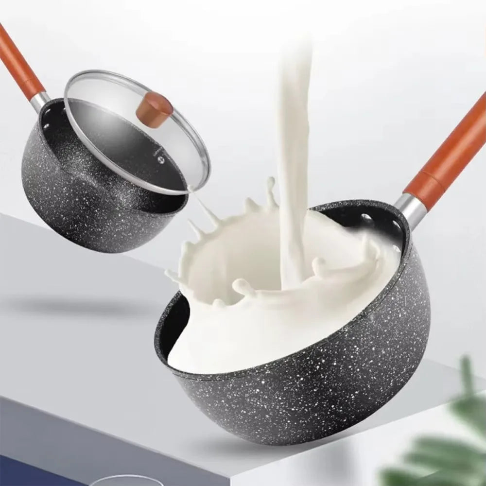 Cookware Non-Stick Milk Pot Wood Handle with Lid and Pour Spout Soup Pot Universal Flat Bottom Cooking Saucepan Noodles