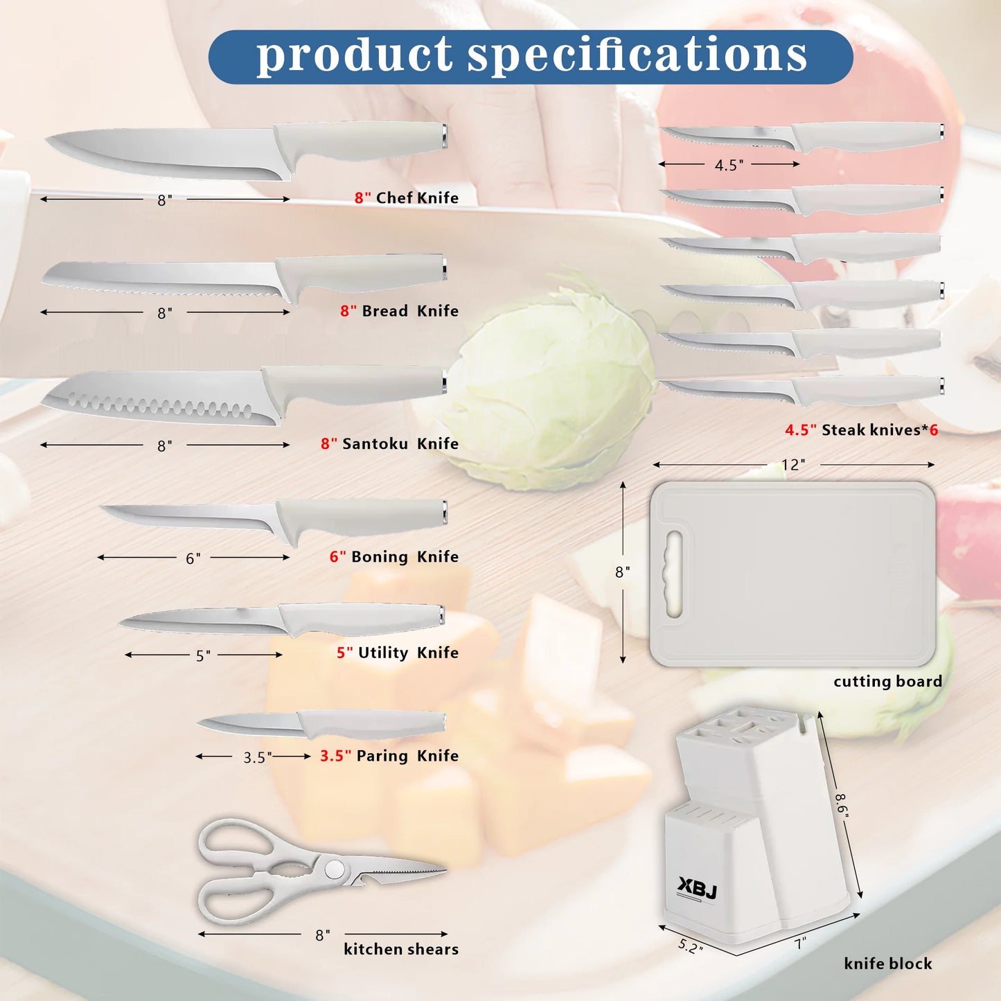 15PCS Kitchen Knife Set with Block & Sharpener, Stainless Steel Knives, Dishwasher Safe, Rust Resistant, Ergonomic Handle