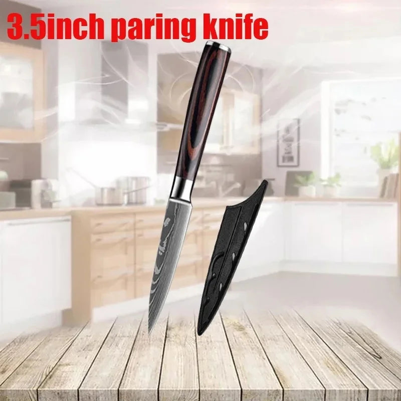 WXCOO 1~3 Pcs Knife Kitchen Utility Damascus Laser Santoku Japanese Chef Cleaver Slicing Wooden Handle Kitchen Accessories