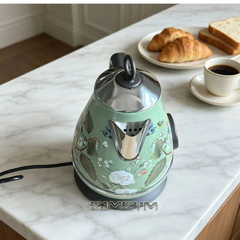 1.7L Light Luxury Decal Electric Kettle Green Vintage Floral Bird Kettle Mechanical Thermometer Boil Dry Protection