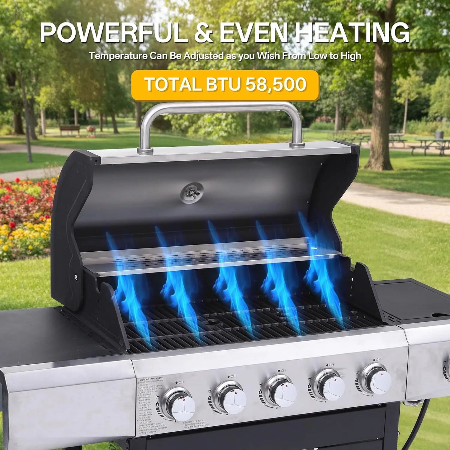 58,500 BTU 5-Burner Propane Gas Grill BBQ with Side Burner, Porcelain Grates, Wheels