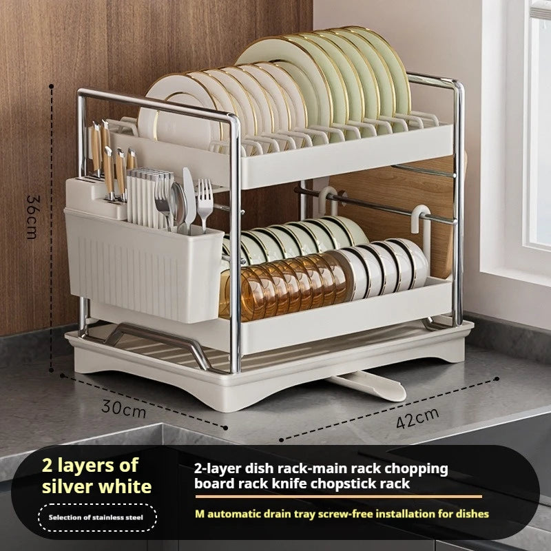 Dish Drying Rack 2-Tier Compact Kitchen Dish Rack Drainboard Set Large Rust-Proof Dish Drainer with Utensil Holder Kitchen Racks