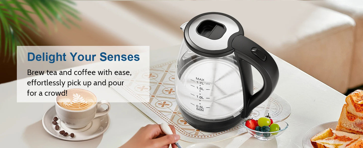 Electric Kettle with Water Dispenser - 1.7L Elegant Glass Tea Pot, 1200W Fast Boiling, LED Indicator, Auto-Shutoff