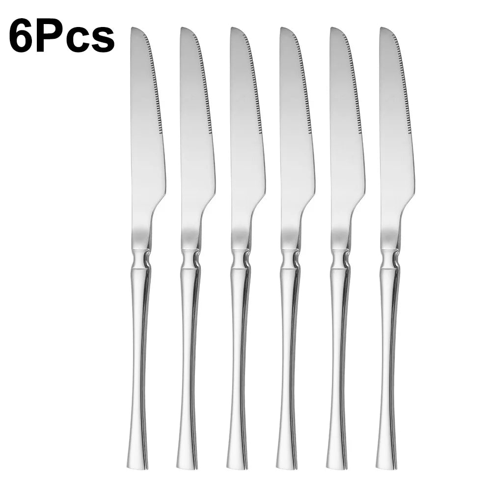 6/24/30Pcs Thin Cutlery Stainless Steel Sliver Tableware Western Dinner Set Solid Color Knife Fork Spoon Mirror Kitchen Utensils