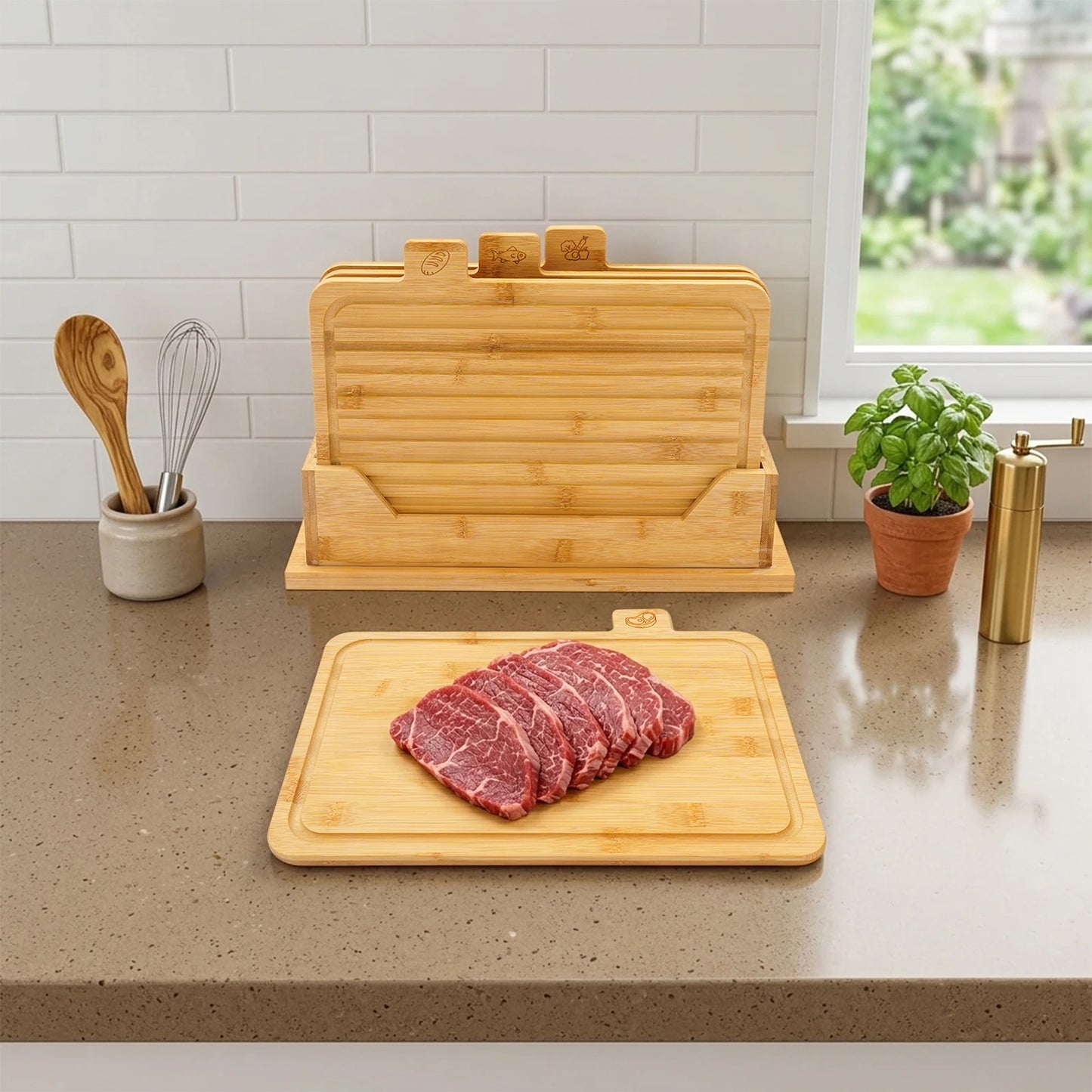 33.53*22.61 cm Bamboo Cutting Board, Chopping Boards Set With Food Icons, 4-Piece Bamboo Cutting Board Set With Holder