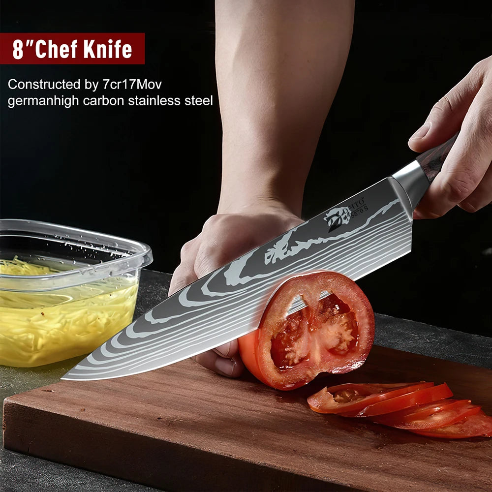 KEPEAK Kitchen Knife Set 7Cr17Mov Stainless Steel Chef Knife Ultra Sharp Santoku Cleaver Utility Knife Cooking Knives Nylon Bag