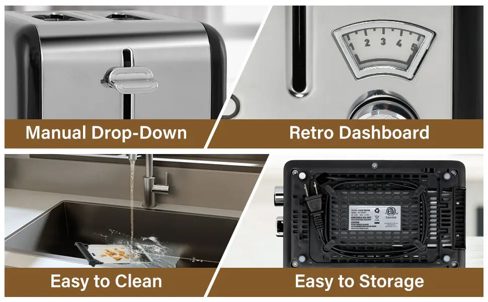 2 Slice Stainless Steel Toaster 1.5" Wide Slot 5 Browning Settings Bagel Defrost Cancel Function