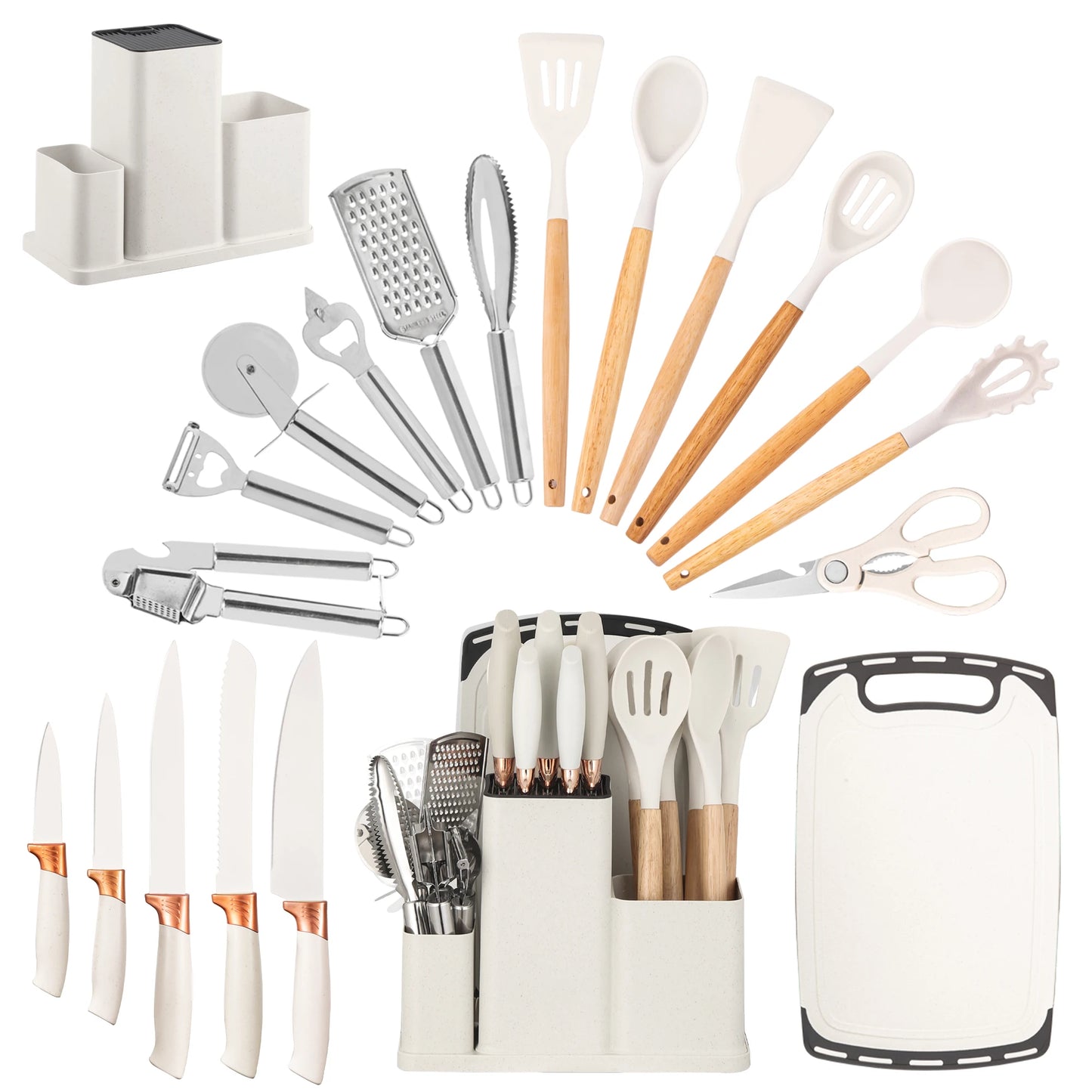 19Pcs Kitchen Utensils Set with Knife & Cutting Board, Silicone Cooking Tools with Storage Holder