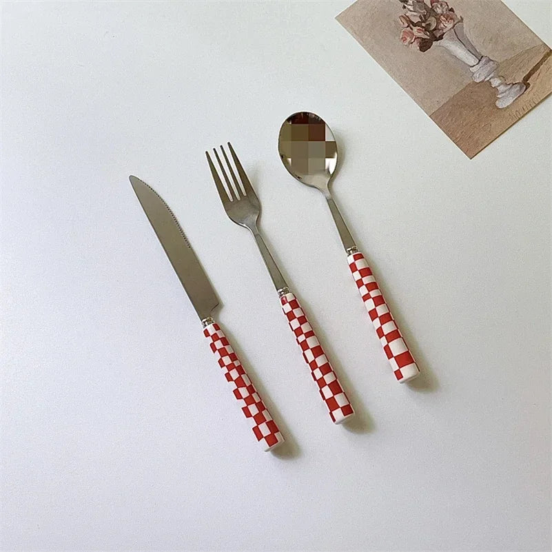 3pcs Stainless Steel Ceramics Handle Cutlery Set Dinnerware Clamp Western Tableware Knife Fork Tea Spoon
