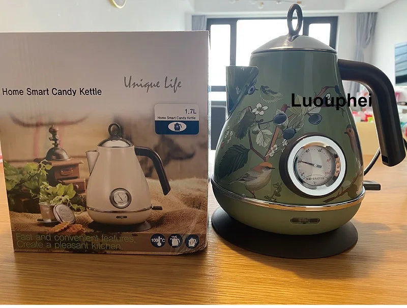 1.7L Retro Paint Decal Electrc Kettle Boiling Water With Thermometer Auto Power Off 304 stainless Steel Electrc Teapot 220V