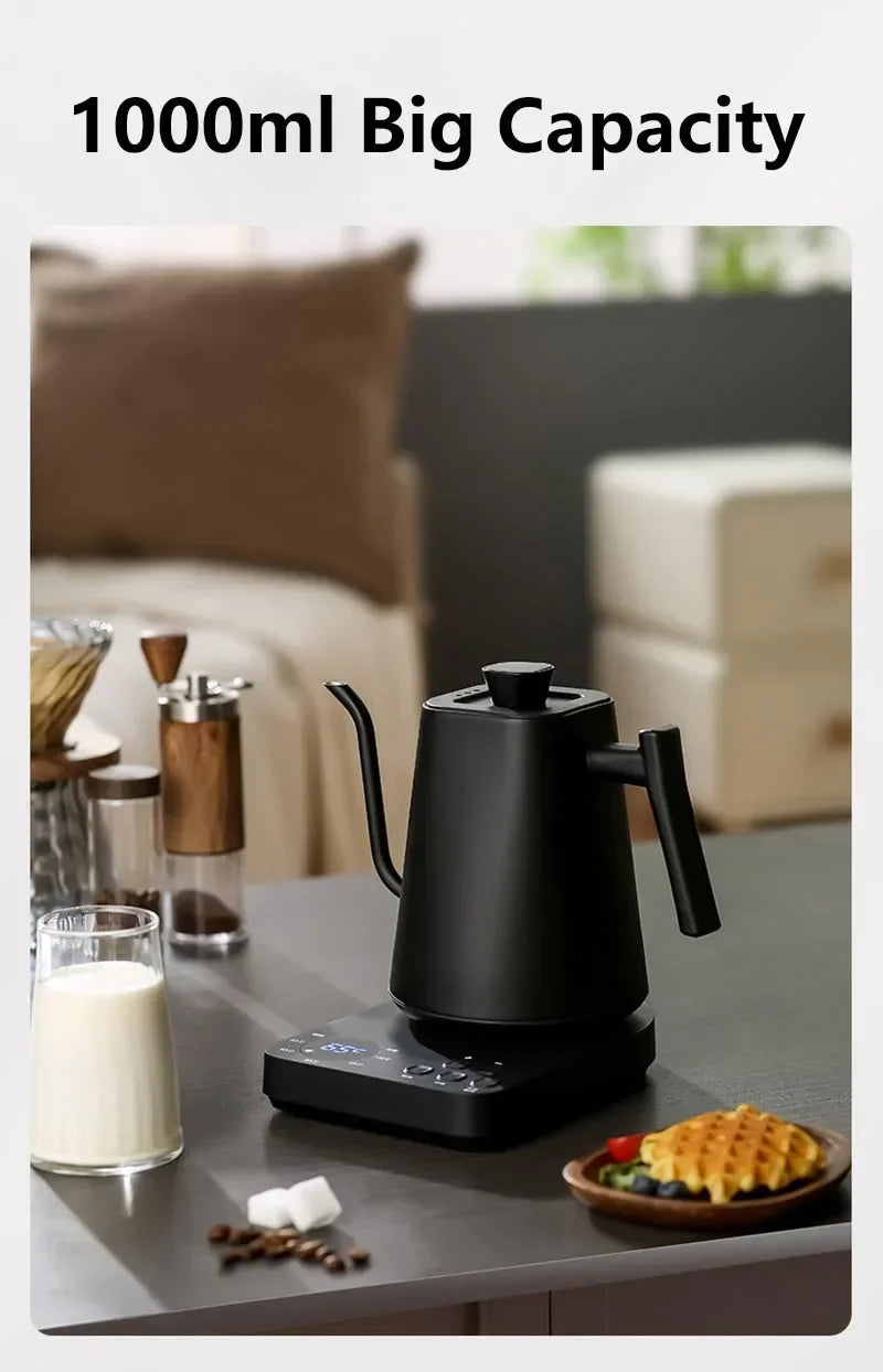Household Premium Electric Kettle 1L 110V/220V 1200W 304SS Liner Swan Neck 90° Pour Smart Display Auto Power Off Home Coffee Tea