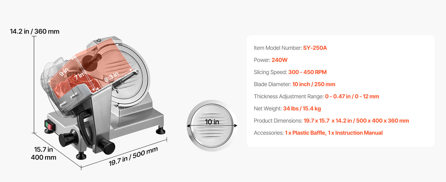 SucceBuy 10" 240W Commercial Meat Slicer w/ Carbon Steel Blade Built-In Sharpener & 0-0.47" Adjustable Thickness for Frozen Meat