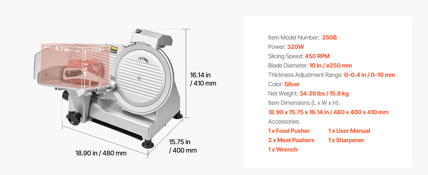 SucceBuy Commercial Meat Slicer 10 inch 320W Food-Slicer with SUS420 Blade 0-0.4 inch Adjustable Thickness for Frozen Meat Ham