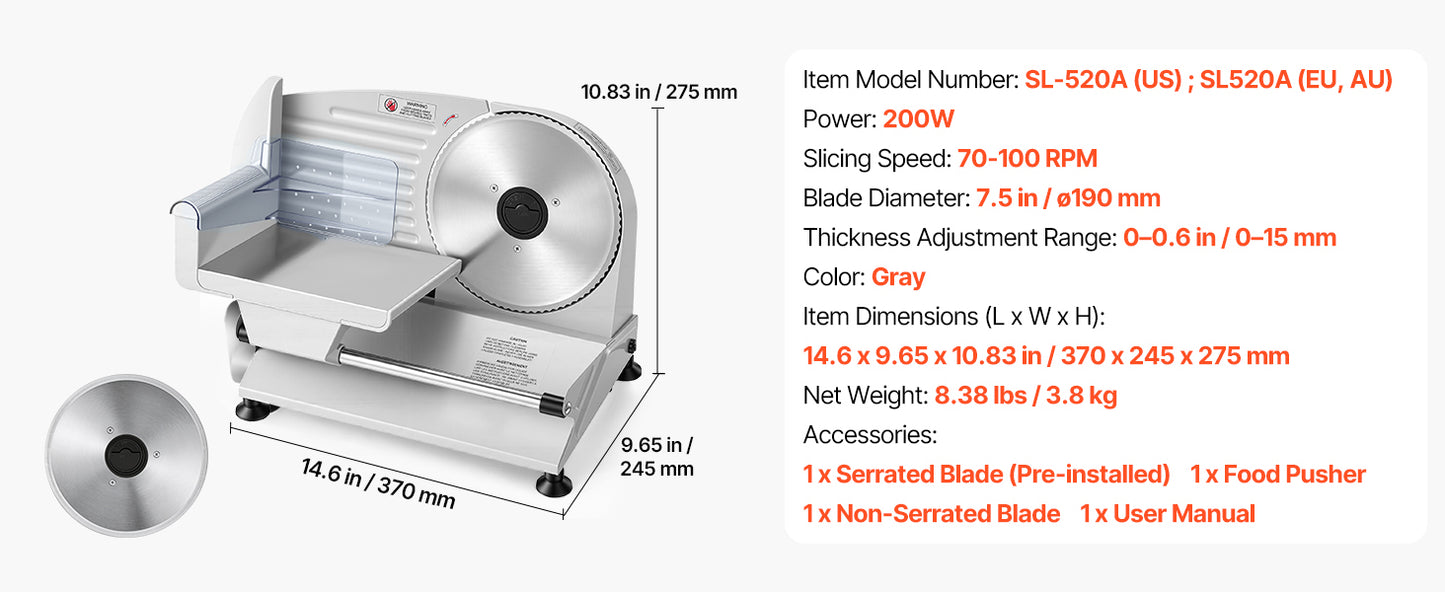 SucceBuy 200W Meat Slicer 7.5" Electric Deli Slicer with 2 SUS420 Blades & 0-0.6" Adjustable Thickness for Frozen Meat Ham Steak