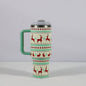 Christmas pattern mug with festive reindeer design and green handle, perfect for holiday beverages.